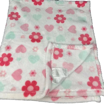 Manta blanca Baby Starters flores rosas corazones verdes suave polar 30 x 36 Foto 1 de 4