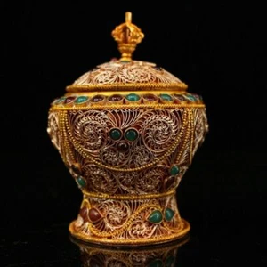 Tibet Tibetischer Buddhismus Tibetisches Silber Intarsien Edelsteine filigran vergoldet Reliquiengefäß - Bild 1 von 9