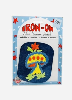 Mushroom Denim Patch Iron-On Vintage 70s Rainbow Novelty Embroidered NOS USA New - Image 1 of 3