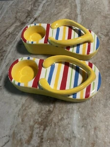 Pair Of Beach Flip Flop Tea Light Holders Ceramic 6” Yellow Colorful Stripes - Picture 1 of 4