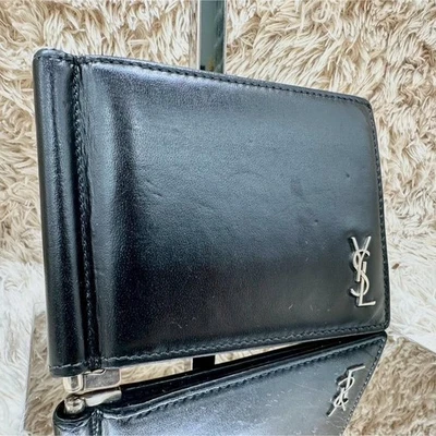 Clip para dinero de cuero negro Yves Saint Laurent plateado logotipo YSL 6 ranuras para tarjetas Foto 1 de 4