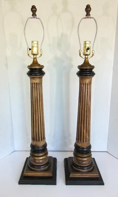 Par de lámparas de madera columna estriada pintadas a mano 33"H Foto 1 de 4