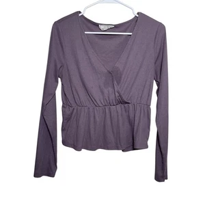 Hippie Rose Bluse Damen großer V-Ausschnitt lila gerippt Langarm Crop Boho - Bild 1 von 8