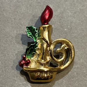 Vintage goldene Kerze & Mistel Brosche Anstecknadel metallisch bemalt Keramik - Bild 1 von 8