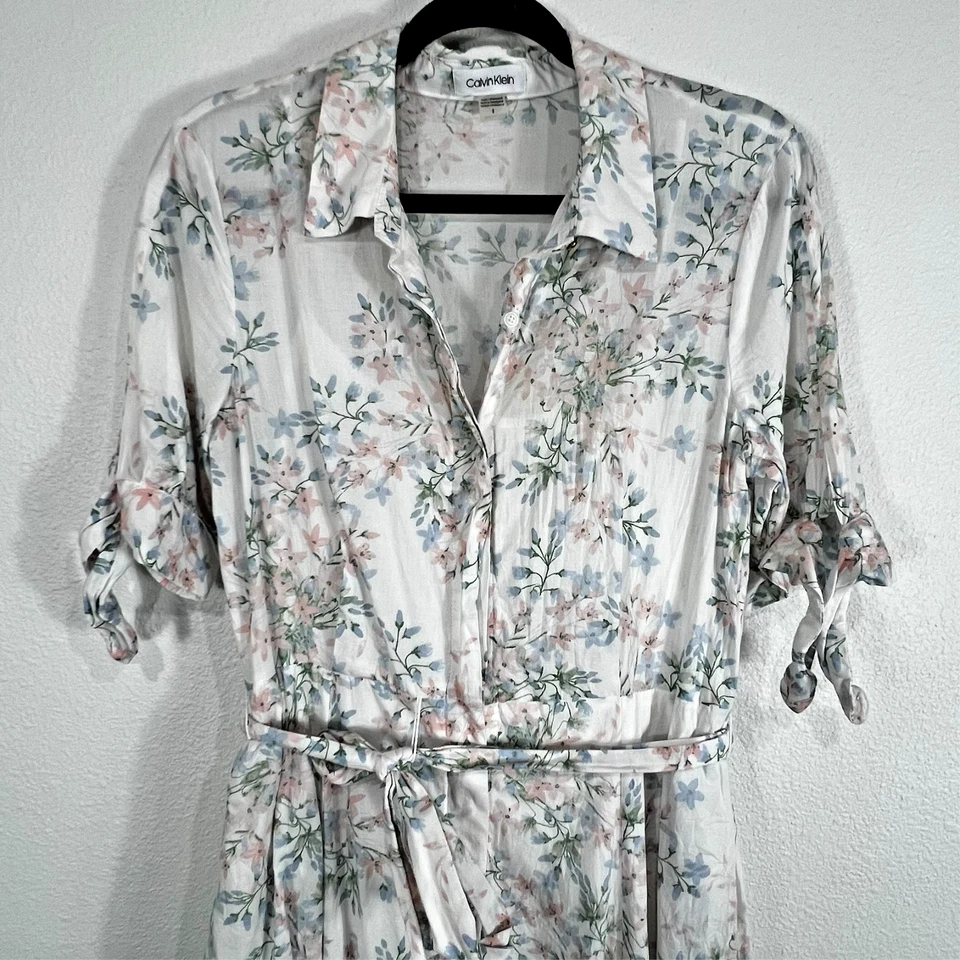 Calvin Klein Button Shirt Maxi Dress Floral Short Sleeve Prairie Cottage Size 8 - Image 1 of 4