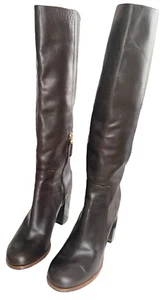 Auth FENDI Tall Dark Brown Leather Boots Stacked Heel Sz 36 Riding Boots Sz 6 - Picture 1 of 13