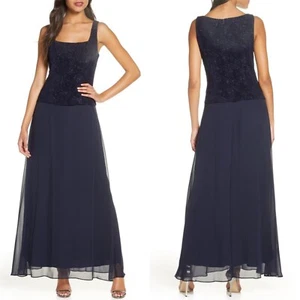 NEW ALEX EVENINGS Navy SEQUIN Bodice CHIFFON SKIRT Mock TwoPiece EVENING GOWN 12 - Picture 1 of 10