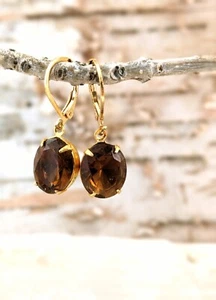 11.30 Total Carats Smokey Quartz In Drop 18k Gold Plated Earrings - Picture 1 of 5