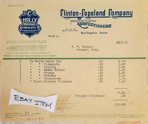 1925 billhead Burlington Iowa CLINTON COPELAND COMPANY Holly Brand Chocolates - Picture 1 of 1
