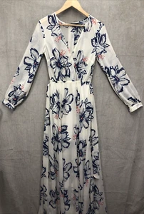 Ark & Co Women's Dress Size Small White Blue Floral Sheer Lined V Neck - Picture 1 of 19
