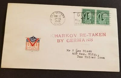 1943 Des Moines Iowa Kharkov retomado por alemanes Segunda Guerra Mundial cubierta patriótica Foto 1 de 2