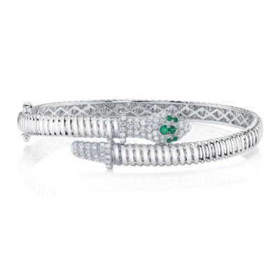 Diamond Emerald Snake Bangle Bracelet 14K Gold Certified Natural - Image 1 of 3