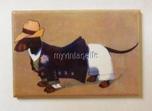 Vintage DACKEL HUND Daschund Weiner Junge alle angezogen 2" x 3" Kühlschrankmagnet - Bild 1 von 1