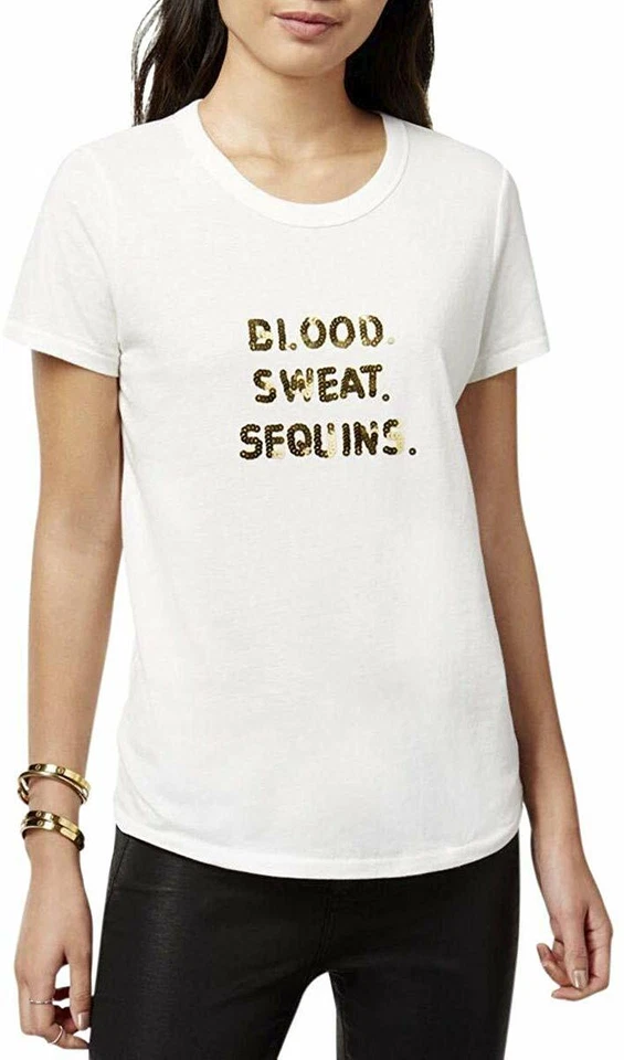 Bow & Drape Womens Blood Sweat Sequins White Slogan T-shirt Juniors M BHFO 5026