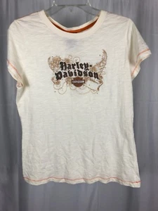 Harley Davidson Womens Tee Shirt Embroidered Rhinestone Cream Orange Large - Picture 1 of 10