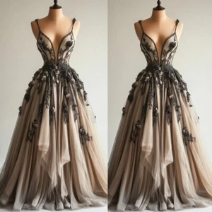 Vintage Champagne and Black Wedding Dresses V Neck Lace Appliques Bridal Gowns - Picture 1 of 9
