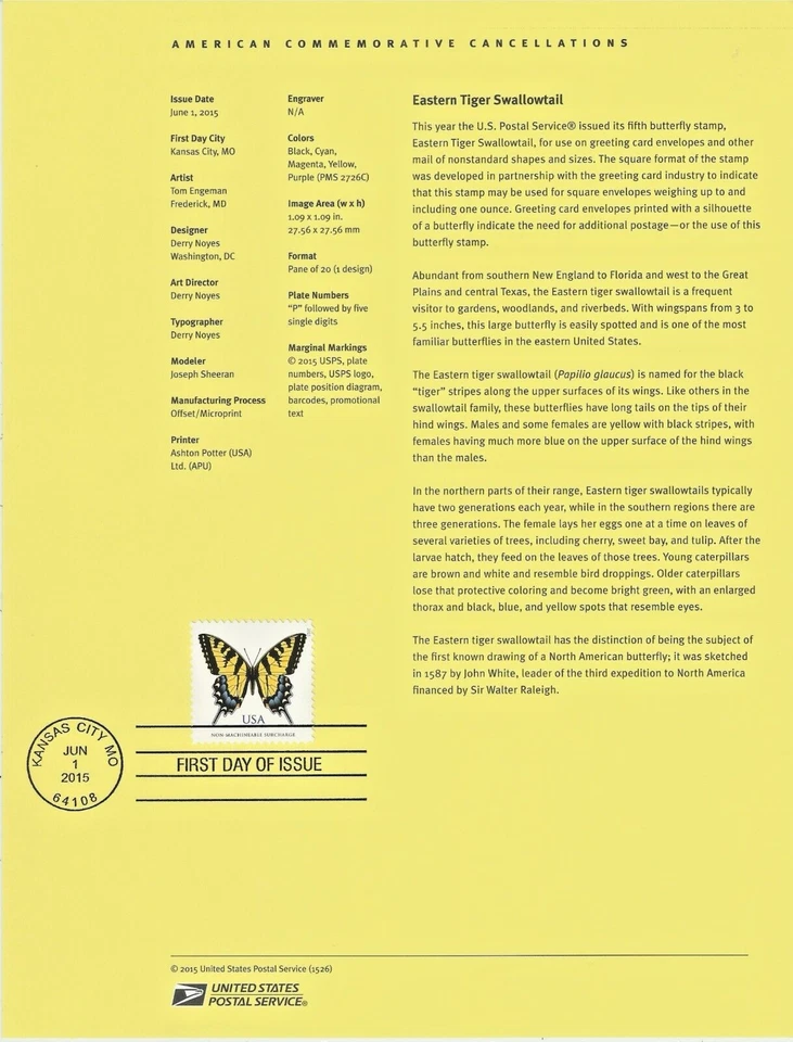 USA Stamps: 2015 Eastern Tiger Swallowtail Butterfly Souvenir  SP 1983 , SC 4999 - Image 1 of 1