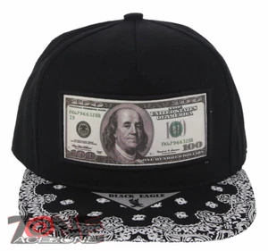NEW! US DOLLAR BILL FLAT BILL BANDANA SNAPBACK BASEBALL CAP HAT BLACK - Picture 1 of 4