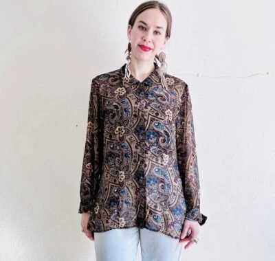 Vintage Double D Ranch  Pearl Snap Brown Paisley Semi Sheer Blouse Top Women’s M - Image 1 of 4