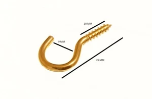 Cup Hook Screw In Unshouldered Total Length 25mm Brass Plated With Pack 10 - Picture 1 of 1