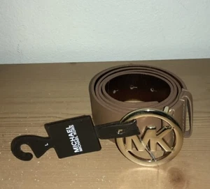 Nuevo Cinturón Michael Kors L Sillín Cuero Marrón MK Oro Logo Hebilla Nuevo con Etiquetas - Imagen 1 de 9