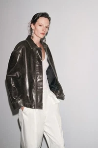 Zara 100% Leather Bomber Jacket ZW Collection Limited Edition Brown Size XS - Picture 1 of 18