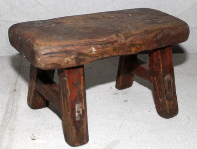 ANTIQUE OLD RED PAINT FARM MILKING STOOL MORTISE TENON COUNTRY PRIMITIVE WOOD - Image 1 of 4