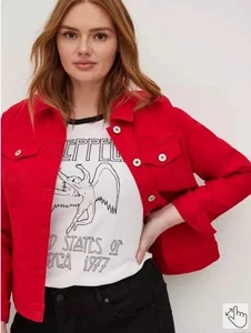 Torrid Ruby Red Denim Jean Trucker Jacket Flap & Welt Pockets Size Torrid 3 = 3X - Picture 1 of 12