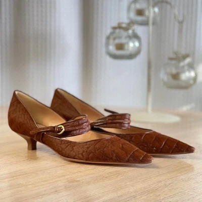 NIB Vintage Y2K Casadei Brown Gator Print Pony Hair Pointed Kitten Heels Sz 8.5 - Image 1 of 4
