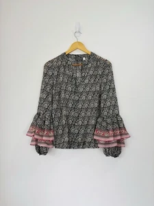 Mint Velvet Blouse Women Size Small Black Cream Sheer Chiffon Flare Sleeve Boho - Picture 1 of 9