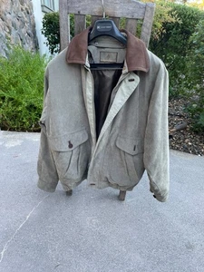 Used Rainforest Men Beige Green Leather Down Coat with removable collar & liner - Picture 1 of 16