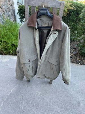 Used Rainforest Men Beige Green Leather Down Coat with removable collar & liner - Image 1 of 4