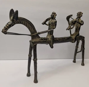 Vtg Bronze Brass Metal Dhokra Style Horse Riders India Snake Sculpture Statue - Picture 1 of 23