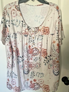 Damen Pull-Over U-Ausschnitt Kurzarm Shirt Größe 2XL Elfenbein/Erdton Blumenmuster - Bild 1 von 4