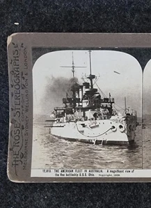 Vintage Stereoscope Card 1908 White Fleet Visit 12.813 USS OHIO As per Image - Imagen 1 de 2
