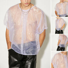 Mens Short Puff Sleeve Transparent T Shirts Sexy See Through Party Clubwear Tops