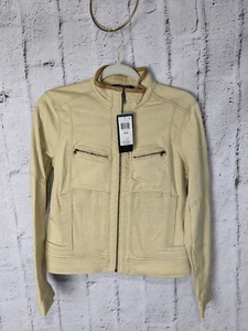 Ralph Lauren Jacket Womens Tan Cotton Leather Trim Zip Front Sz PM Petite Medium - Picture 1 of 10