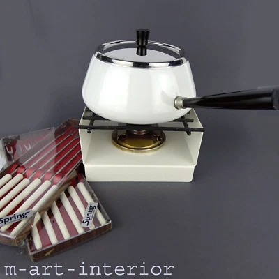 SPRING Swiss Fondue Topf Raclette Stövchen Rechaud Brenner Emaille Gabel 60er 70 - Bild 1 von 4
