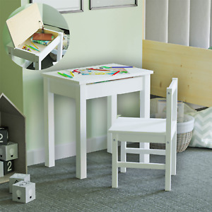Aries Kids Table Desk Chair Set Workstation Storage Playroom Solid Pine White