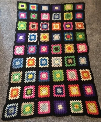 "Manta afgana cuadrada de ganchillo hecha a mano negra/multicolor 65""x41,5""" Foto 1 de 4
