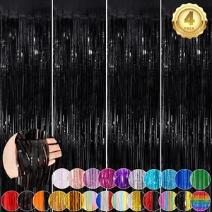Black Metallic Tinsel Foil Fringe Curtains 4 Pack 3.3x8.3 Feet Party Streamer... - Picture 1 of 7