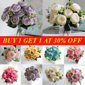 9 Heads Artificial Flowers Silk Peony Bouquet Fake Rose Wedding Home Party Decor - Picture 1 of 26
