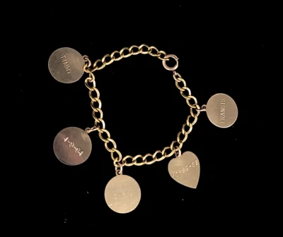 Vintage 12k Gefülltes Gold Gf 60s Name Geburtstag Rund Herz Charms Armband - Bild 1 von 4