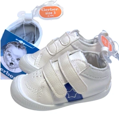 Gerber White Sneakers Size 3 (6-9 months) Blue Stars Kids Shoes Hook & Loop - Image 1 of 4