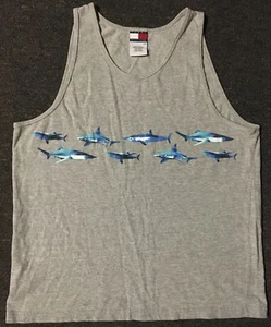 Vtg 90s Tommy Hilfiger Shark All Over Print Tank Top M Animal Nature AOP Surf - Picture 1 of 7