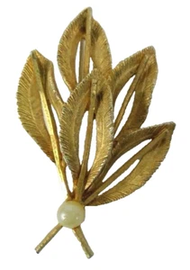 BSK signed vintage brooch gold tone metal leaf bouquet faux pearl 2.75" length - Picture 1 of 10