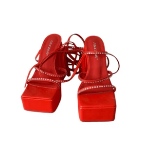 Dolls Kill Public Desire Women's Red Lace Up Rhinestone Platform Heels Size 7 - Picture 1 of 9