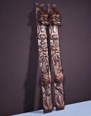 *29  Pair Of French Antique Trim Posts Highly Carved Solid Oak W/Lions & Birds • 375£