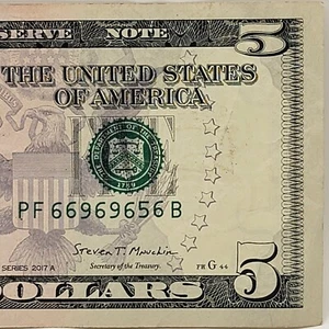 Five of a Kind 6s Fancy Serial Number Five Dollar Bill PF66969656B Near Flipper - Picture 1 of 8