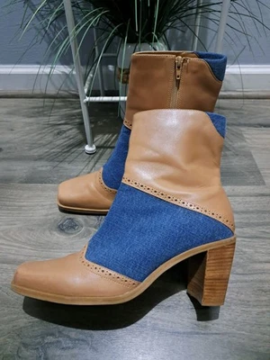 Usadas en Excelente Condición Botas de Cuero y Denim Y2K De Colección Años 90 Por Attiva Cremallera 8M Marrón Azul Foto 1 de 4